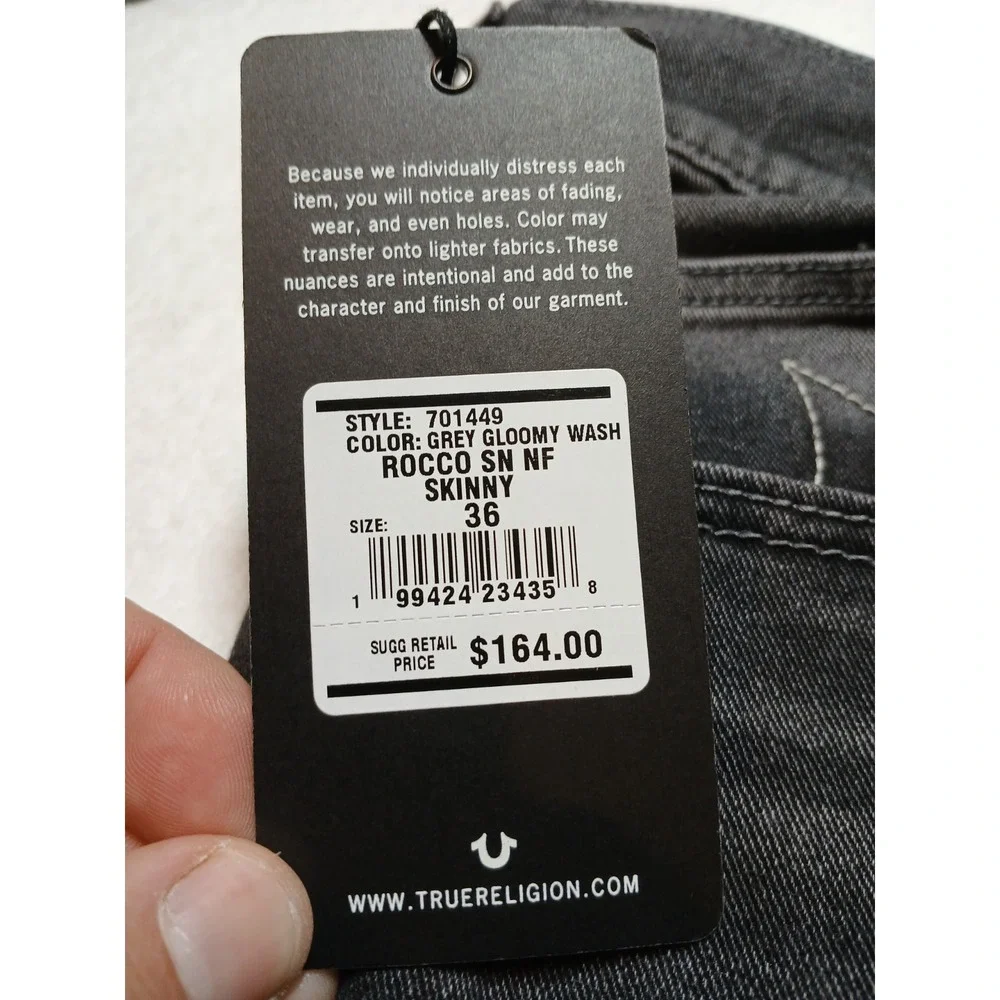 NWT True Religion Rocco Relaxed Skinny Jeans Men's 36x32 Grey Gloomy Wash